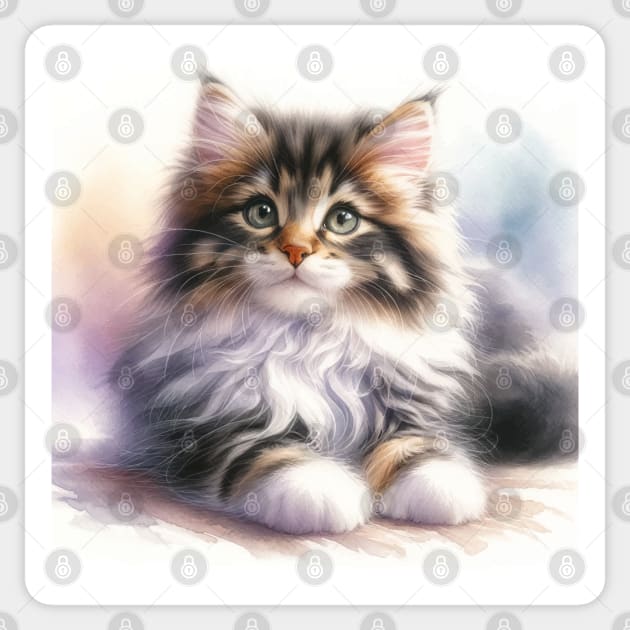 Domestic Long Hair Watercolor Kitten - Cute Kitties Sticker by Aquarelle Impressions